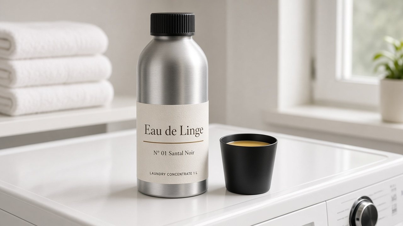 Bottle beside a measured dose on a washer, AI concept render